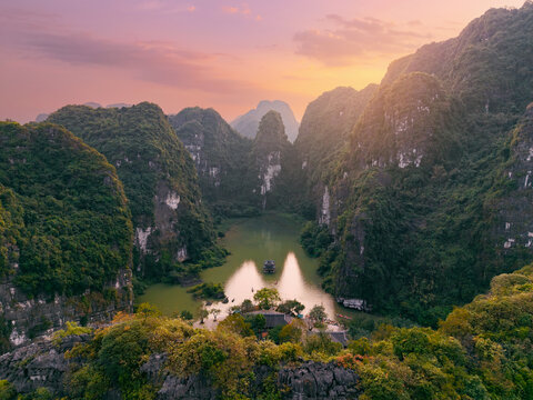 Aerial view Trang An in Tam Coc National Park of Ninh Binh, Hanoi Vietnam, sunset time