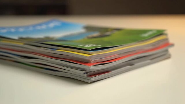 Stack of Colorful Magazines and Brochures Piled on a White Table, Offering Travel Inspiration and Information