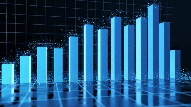 Futuristic glowing blue data analytics bar chart rising dynamically in digital cyber grid space tech visualization for business finance and technology presentations data science and big data analytics