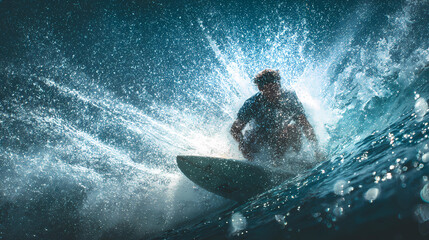 Person on a surfboard riding a powerful ocean wave with dynamic action and exhilaration, Generative AI illustrations.