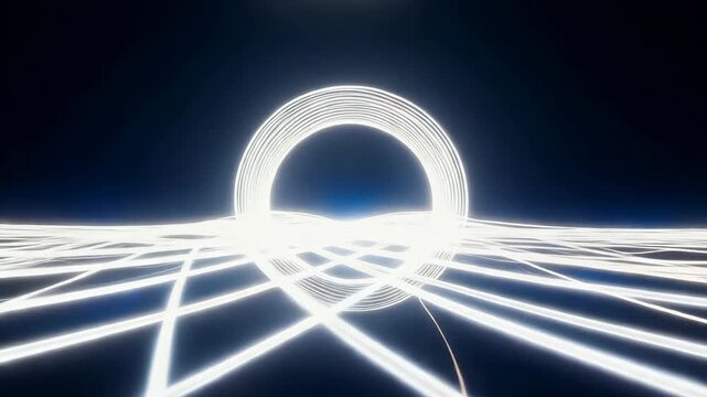 Abstract glowing light trails forming a digital portal