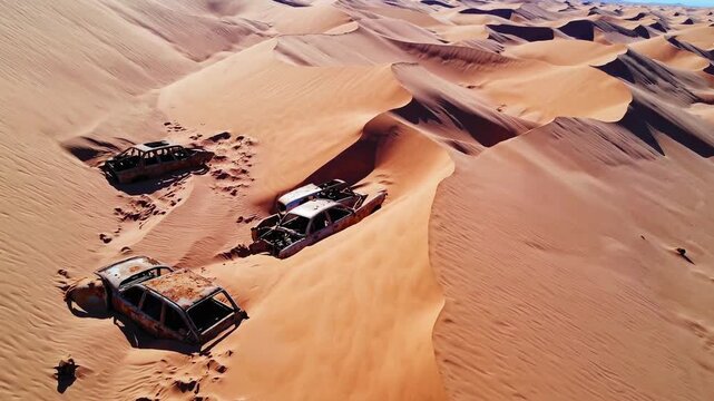 Sunlit desert dunes swallow rusted cars, wind-rippled sand and scattered debris in the foreground and endless ridges fading to the horizon in the background, oppressive post-apocalypse atmosphere