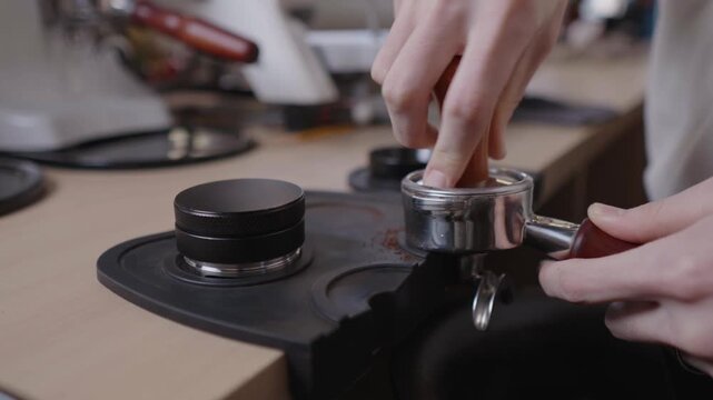 Professional barista in a cafe preparing an espresso by tamping fresh ground coffee into a portafilter, an essential step for a perfect brew shown in a detailed close up of fresh ground coffee tamping