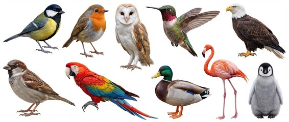 Obraz premium Realistic Bird Species Vector Set. High Quality Illustrations of Great Tit, Sparrow, Robin, Barn Owl, Hummingbird, Bald Eagle, Scarlet Macaw Parrot, Mallard Duck, Pink Flamingo and Emperor Penguin Chi