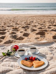 Obraz premium Heart-shaped pancakes served with fresh berries and coffee on a sandy beach. Romantic breakfast setting by the ocean.