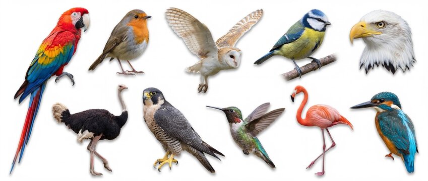 Realistic Bird Species Vector Set. High Quality Illustrations of Great Tit, Sparrow, Robin, Barn Owl, Hummingbird, Bald Eagle, Scarlet Macaw Parrot, Mallard Duck, Pink Flamingo and Emperor Penguin Chi