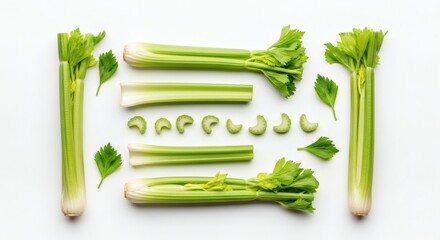 Fresh Celery Stalks and Slices Arranged Artfully on White Background, Healthy Vegetable Still Life, Top View 