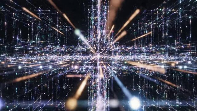 Lights and patterns move in a dark space, creating a vivid visual display in a controlled environment