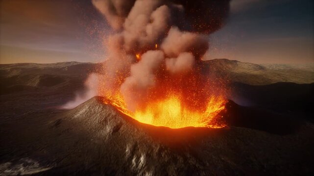 A powerful volcano erupts with fiery lava and dense ash clouds against a dramatic sky.
