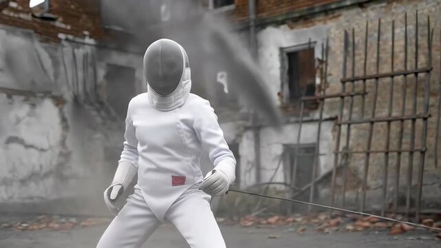Woman fencer lunging, training, and preparing outdoors in full uniform with epee sword in an abandoned building setting