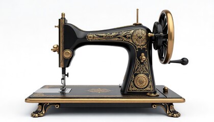 Vintage sewing machine with intricate gold designs on black background