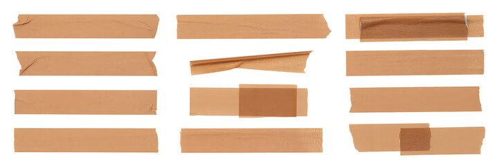 Large Collection of Brown Adhesive Tape Strips and Ripped Masking Tape Pieces Isolated on White Background