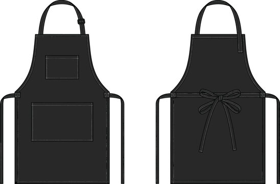 Kitchen apron technical flat sketch showing front and back views cooking uniform protective garment line art vector template
