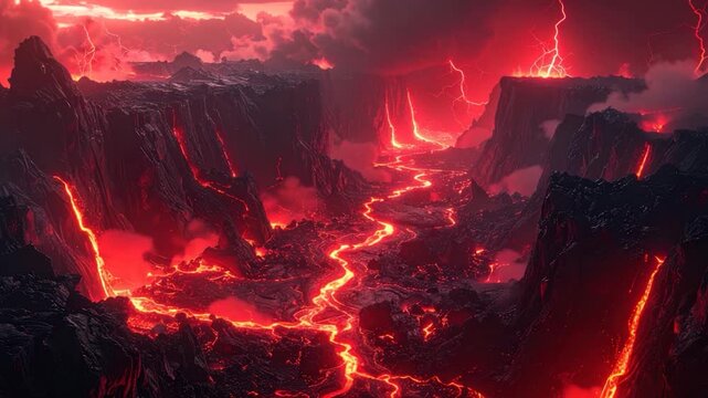 Fiery landscape with lava rivers, mountains, lightning, and ominous red skies