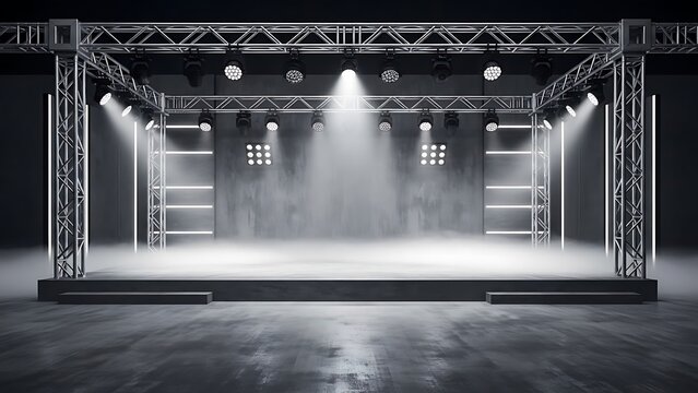 Dramatic Empty Stage Featuring a Robust Truss System, Bright LED Lighting, and Ethereal Haze for Captivating Events
