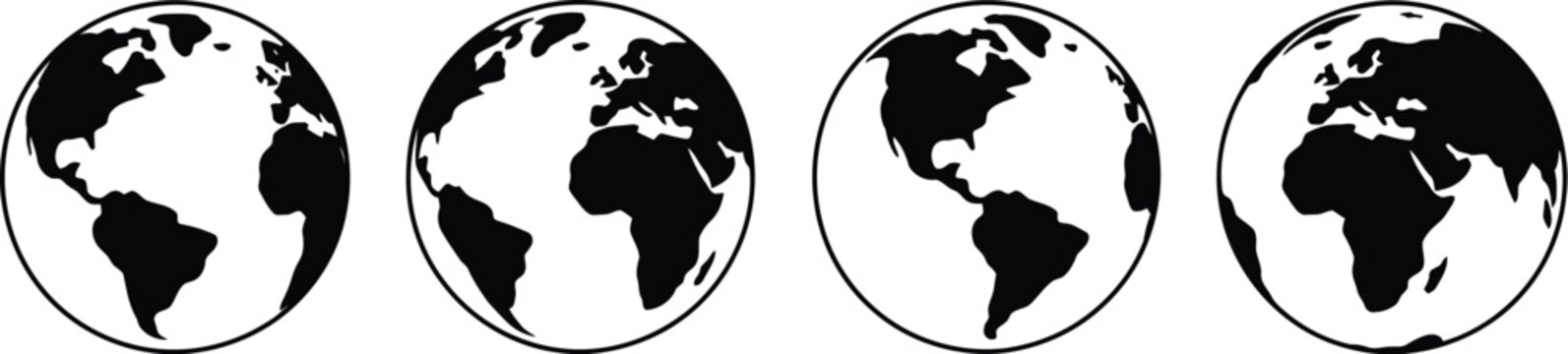 Black and white oval globe icons featuring continent shapes, simple world vector illustration collection in clean minimalist style