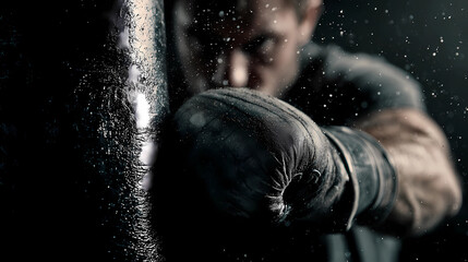 Close-up of gloved hands in powerful impact with punching bag for fitness and intensity concept, Generative AI illustrations.
