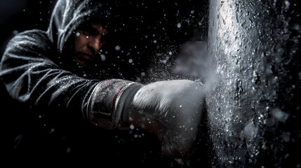 Close-up of gloved hands in powerful impact with punching bag for fitness and intensity concept, Generative AI illustrations.