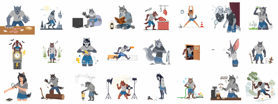 Cartoon collection illustrating the daily life, hobbies, and supernatural challenges faced by male and female werewolves and lycanthropes.
