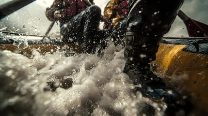Professional rafting team legs bracing in a boat through river rapids  for teamwork concept, Generative AI illustrations.