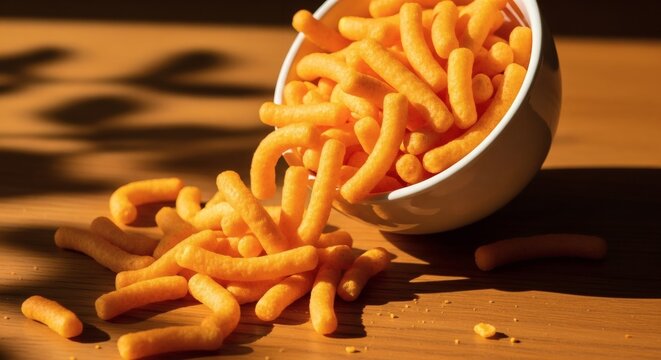 Bright Orange Cheese Puffs Scattered from Bowl, Crunchy Snack Food Delight, National Cheese Doodle Day Celebration, Appetizing Junk Food