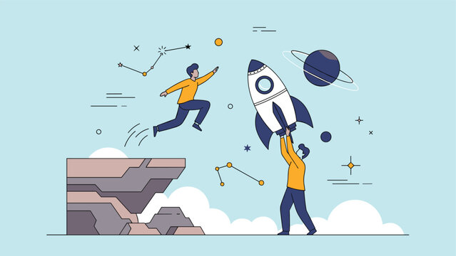 Two ambitious people launching a rocket ship into a starry night sky filled with bright planets and constellations from a rocky cliff.
