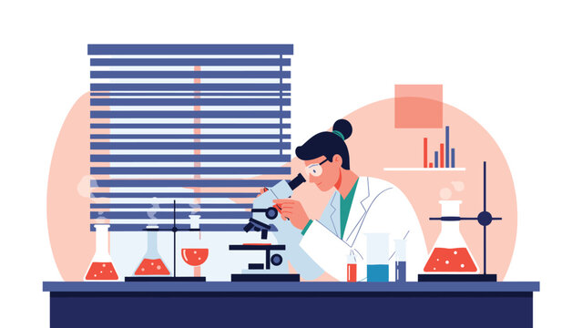 Female scientist in a white lab coat using a microscope while surrounded by various beakers and flasks with colorful chemical liquids.