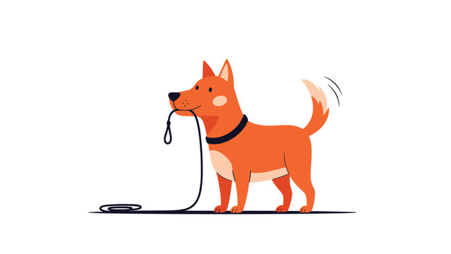 Happy orange dog standing and wagging its tail while holding a black leash in its mouth on a clean white background waiting for a walk.
