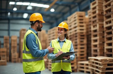 Male and female engineers in hard hats and vests discuss work in a warehouse. They stand near stacks of wooden pallets, one woman takes notes. Logistics team collaborates on inventory management.