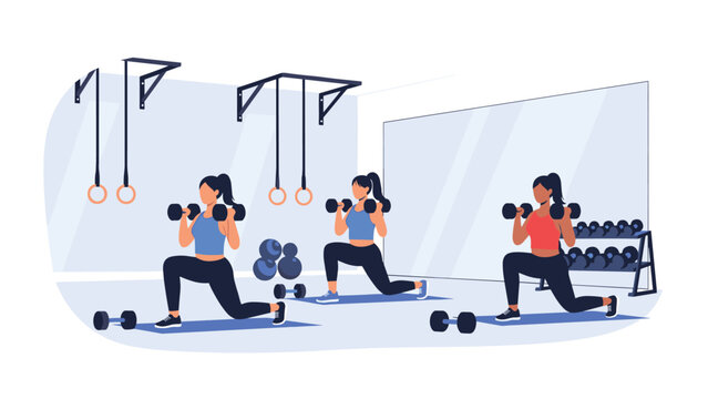Three fit women performing weighted lunges with dumbbells in a modern gym during a group fitness class focused on strength training.