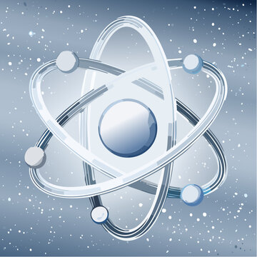 Abstract glowing atom model with orbiting electrons on a blue nebulous cosmic background. Scientific concept of nucleus, energy, technology, and physics research.