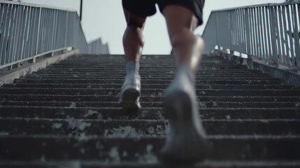 Close-up of athlete legs running up outdoor stairs for urban fitness and endurance, Generative AI illustrations.