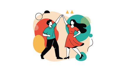 Fototapeta premium Happy young couple in colorful clothing dancing together with joy and energy against a creative abstract background.