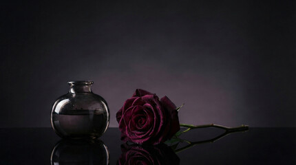 Obraz premium Generative AI still life photograph of a single dark burgundy rose in a vase against a moody dark background for sophisticated Valentine's Day concept with copy space