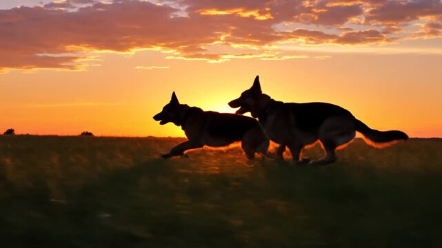 Two Wolves Running Together at Sunset.