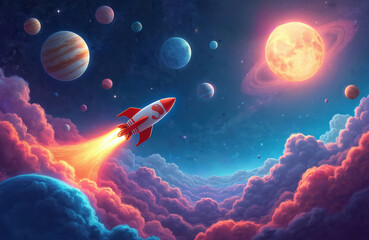 Fototapeta premium Rocket flies through colorful nebula clouds towards planets, stars in deep space. Futuristic exploration on cosmic journey past celestial bodies. Vast universe expanse, starlight, distant galaxies.