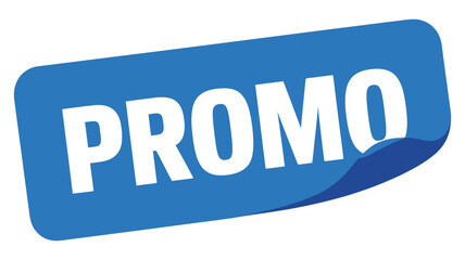 A vibrant blue rectangular promo badge with bold white lettering