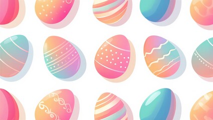 Flat vector illustration of colorful pastel easter eggs with various patterns arranged in a grid. Festive spring decoration concept.