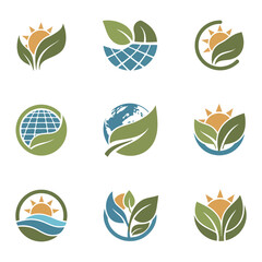Fototapeta premium Environmental logo set with green leaves blue earth and orange sun elements representing ecology sustainability global conservation and clean green planet ideas