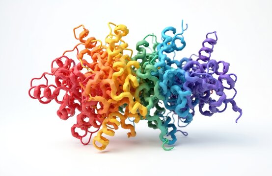 Colorful 3D model of botulinum neurotoxin protein structure on white background. Complex molecule illustration with rainbow colored helices and strands for science.