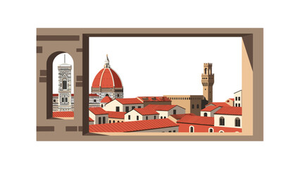 Cityscape of florence with red rooftops viewed from a stone window