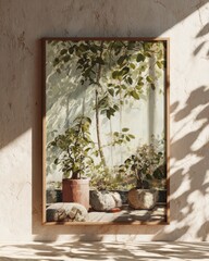 Tranquil botanical art featuring sunlit indoor plants in minimalistic setting