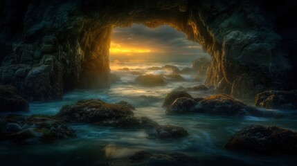 Fototapeta premium Ocean Cave Sunrise: Coastal Serenity and Dramatic Light at Rock Arch