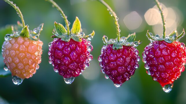 Ripe yumberry fruit covered with dew drops in garden picture