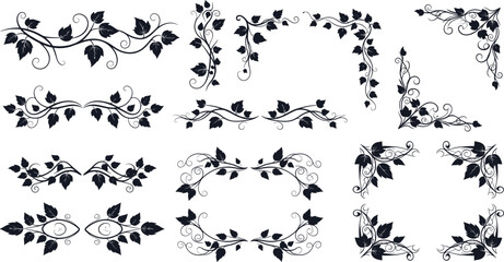 Decorative floral vine frame and border collection with elegant leaves swirls vector ornaments isolated on white background for design projects