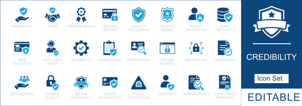 credibility and trust icon set. Vector symbols for secure payment, quality assurance, brand reliability, compliance, and web safety.