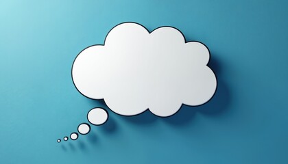 Fototapeta premium White cloud shape with black border floats on blue textured background. Empty thought bubble symbol indicates idea or thinking. Copy space for text.