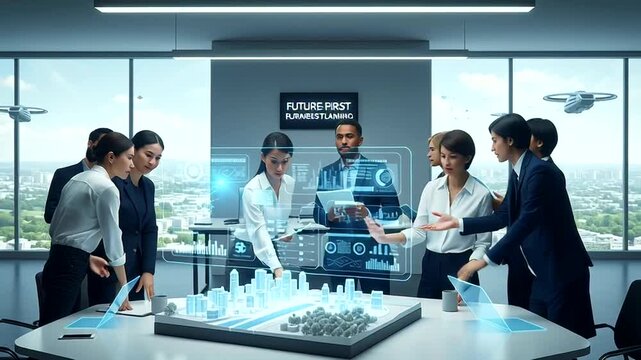 Business Team Discussing Project with Holographic Display.
