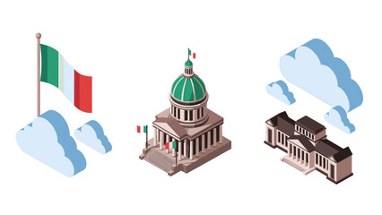 Isometric italian architecture and flag with clouds