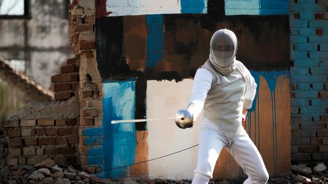 Asian girl in fencing uniform performing lunges with a foil, practicing sword fighting technique outdoors